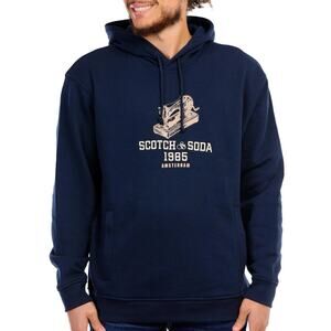 New Scotch & Soda Amsterdam Night Fleece Hoodie Mens Medium Navy Relaxed Graphic